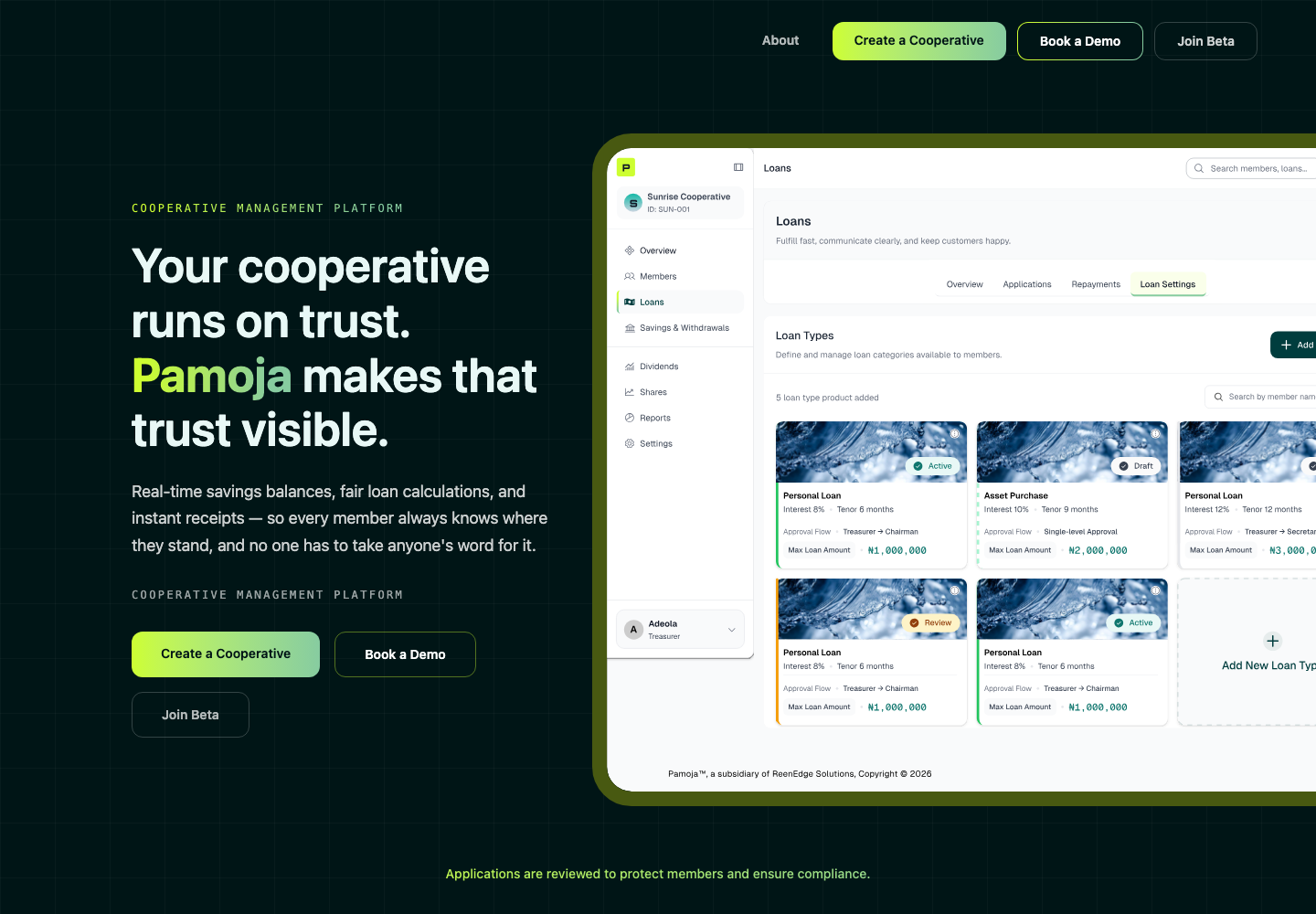 Screenshot of the Pamoja cooperative software website