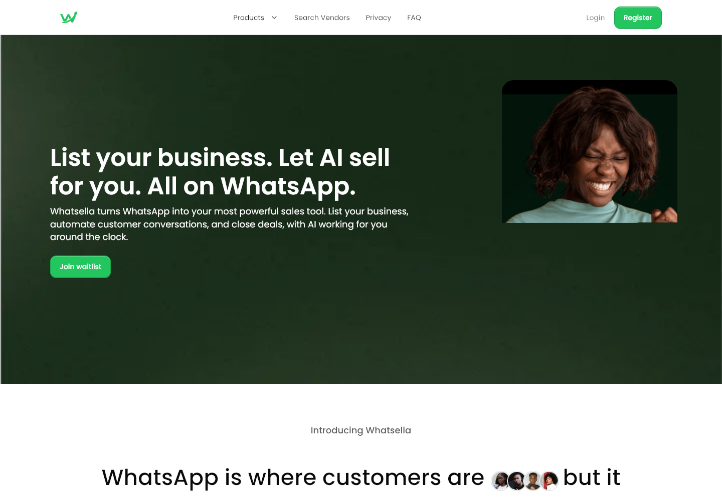 Screenshot of the Whatsella WhatsApp commerce website